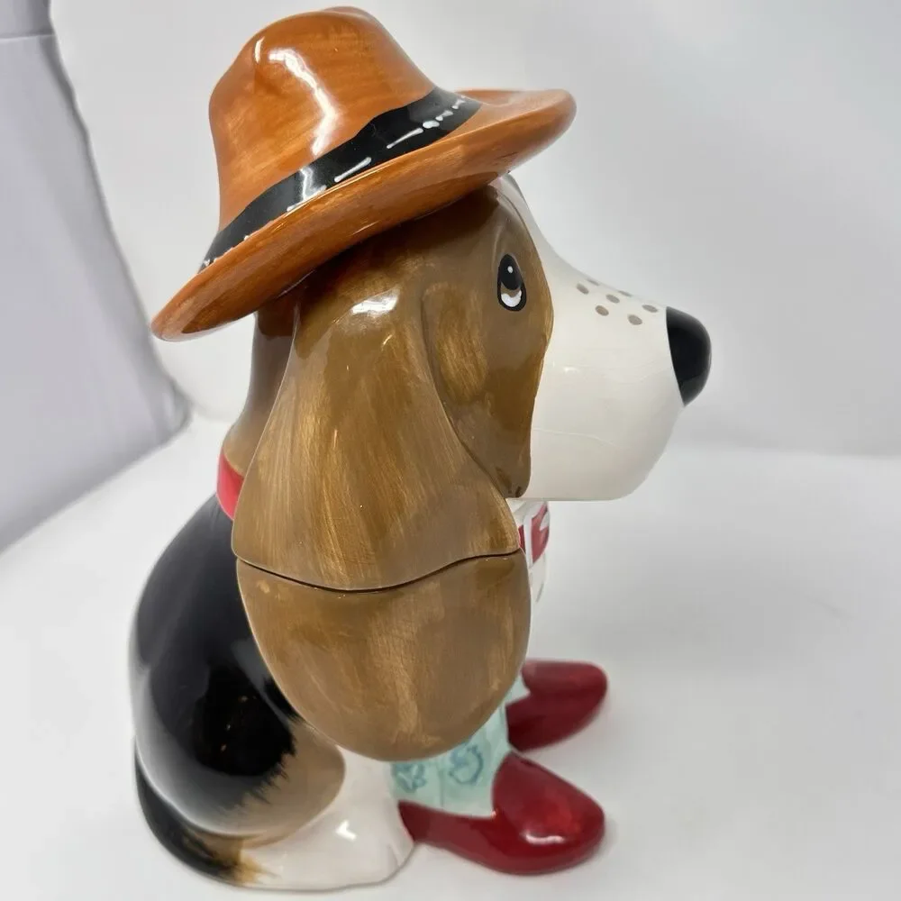 The Pioneer Woman Charlie Cookie Jar Blue Boots Basset Hound Dog Cowboy Hat -12”